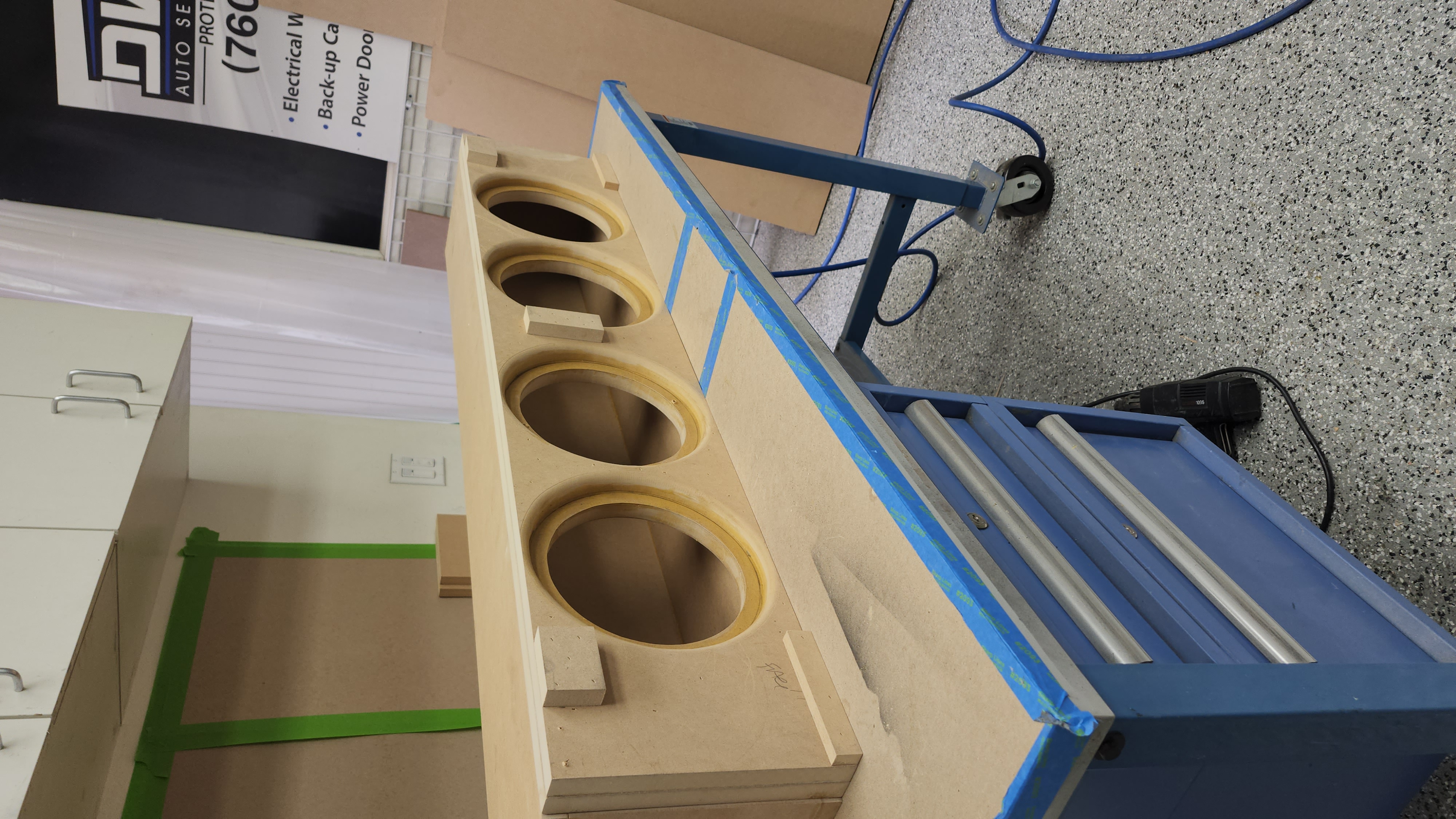 Subwoofer enclosure being fabricated from MDF in the DV Audio shop, Escondido