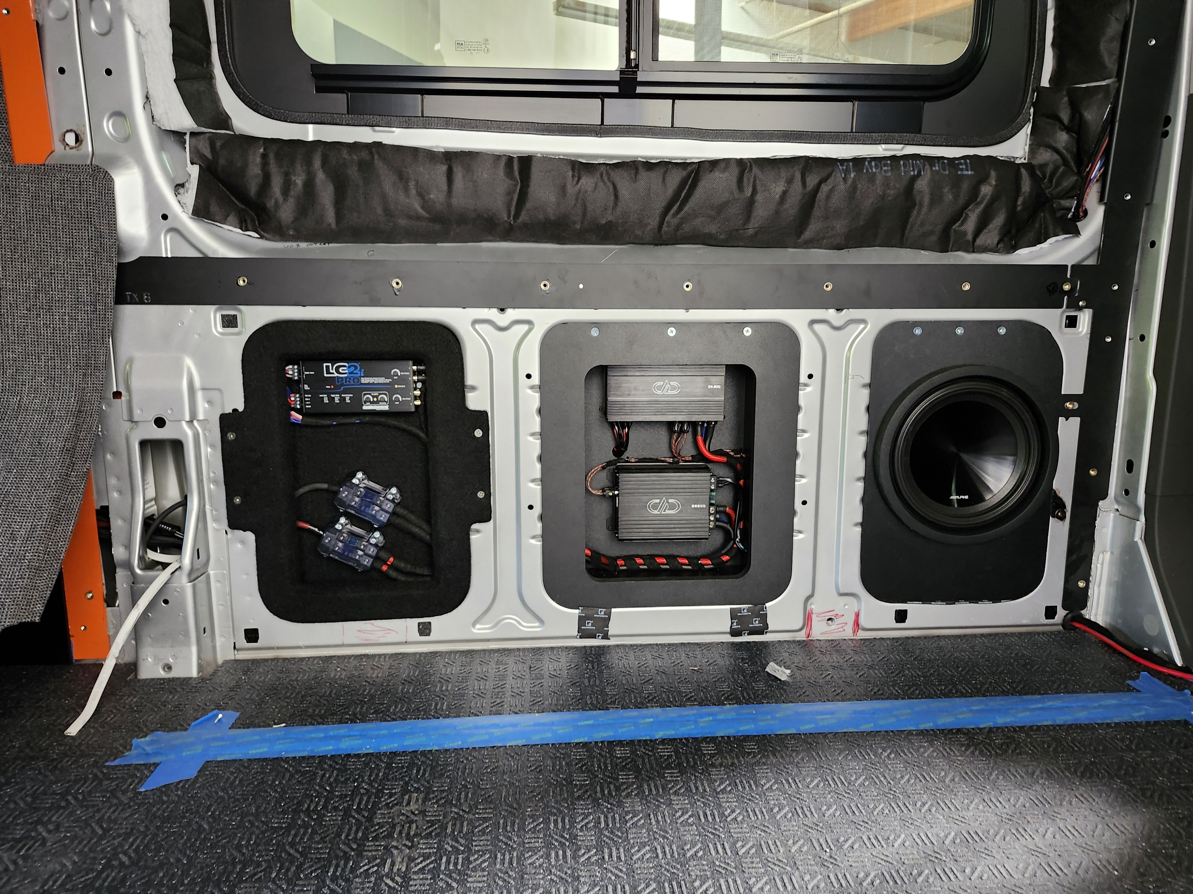 Custom van audio fabrication with subwoofer and amplifier panels, Escondido