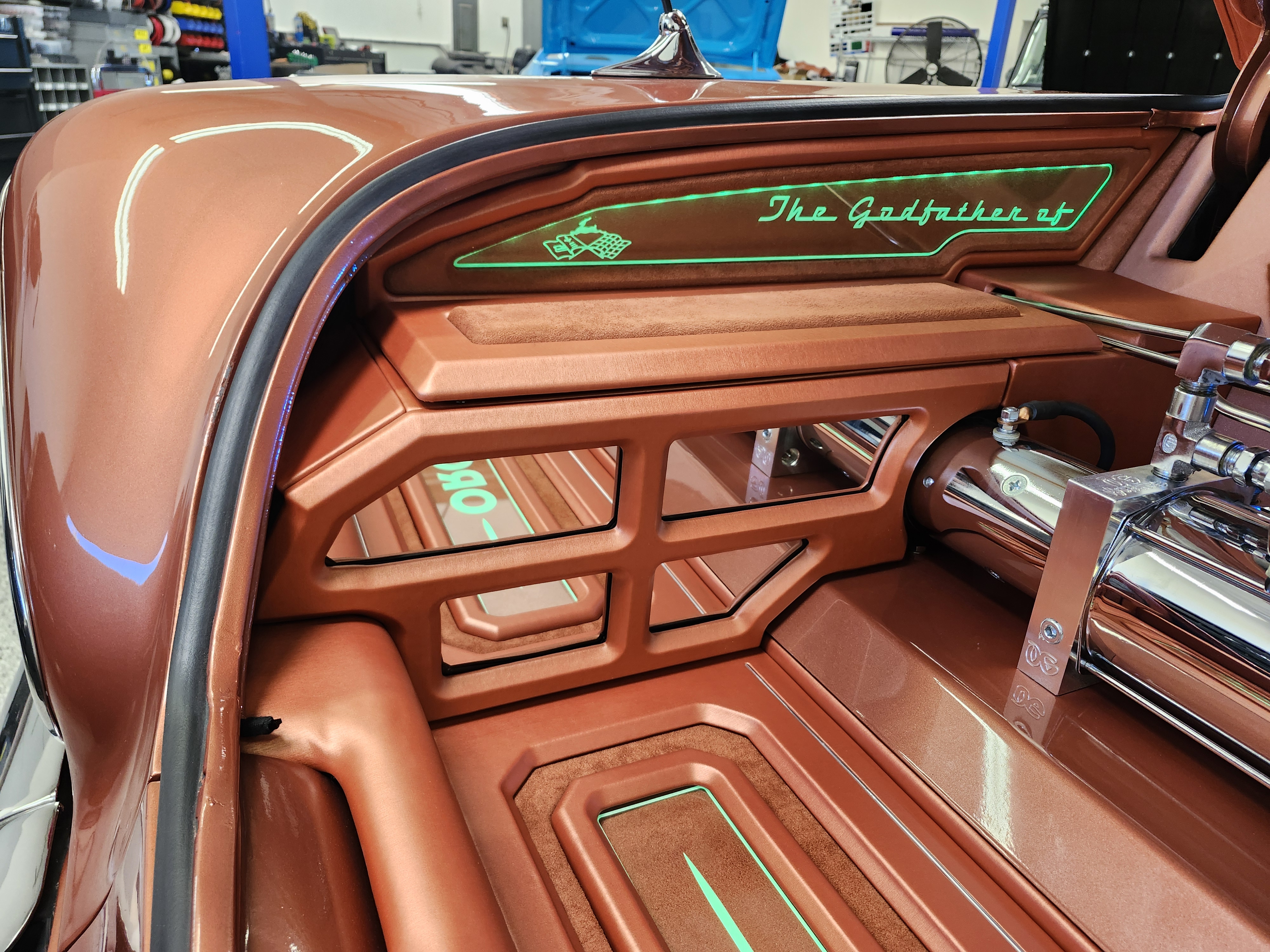 Custom classic car interior fabrication with metal-flake panels and lighting, North County San Diego car audio build