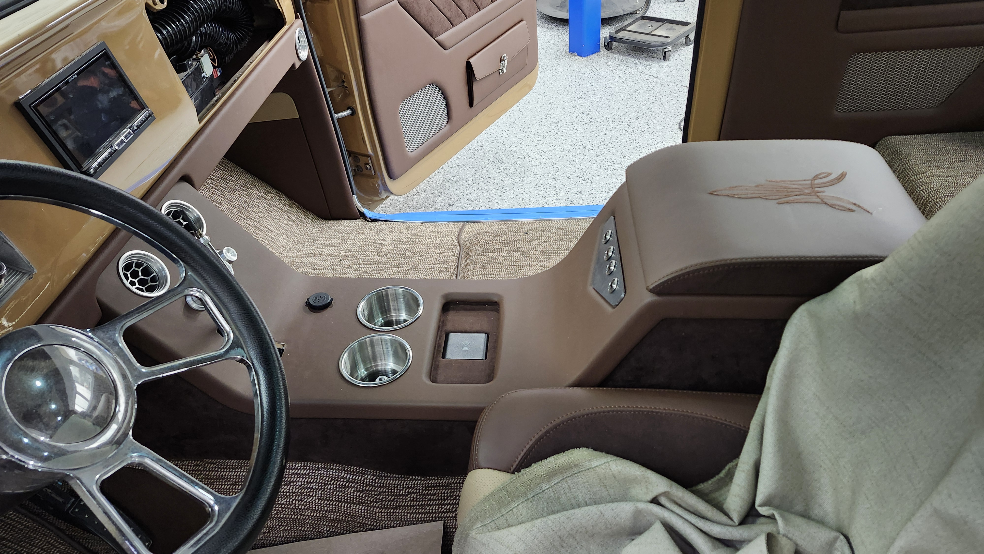 finished custom leather center console install for a classic truck, North County San Diego