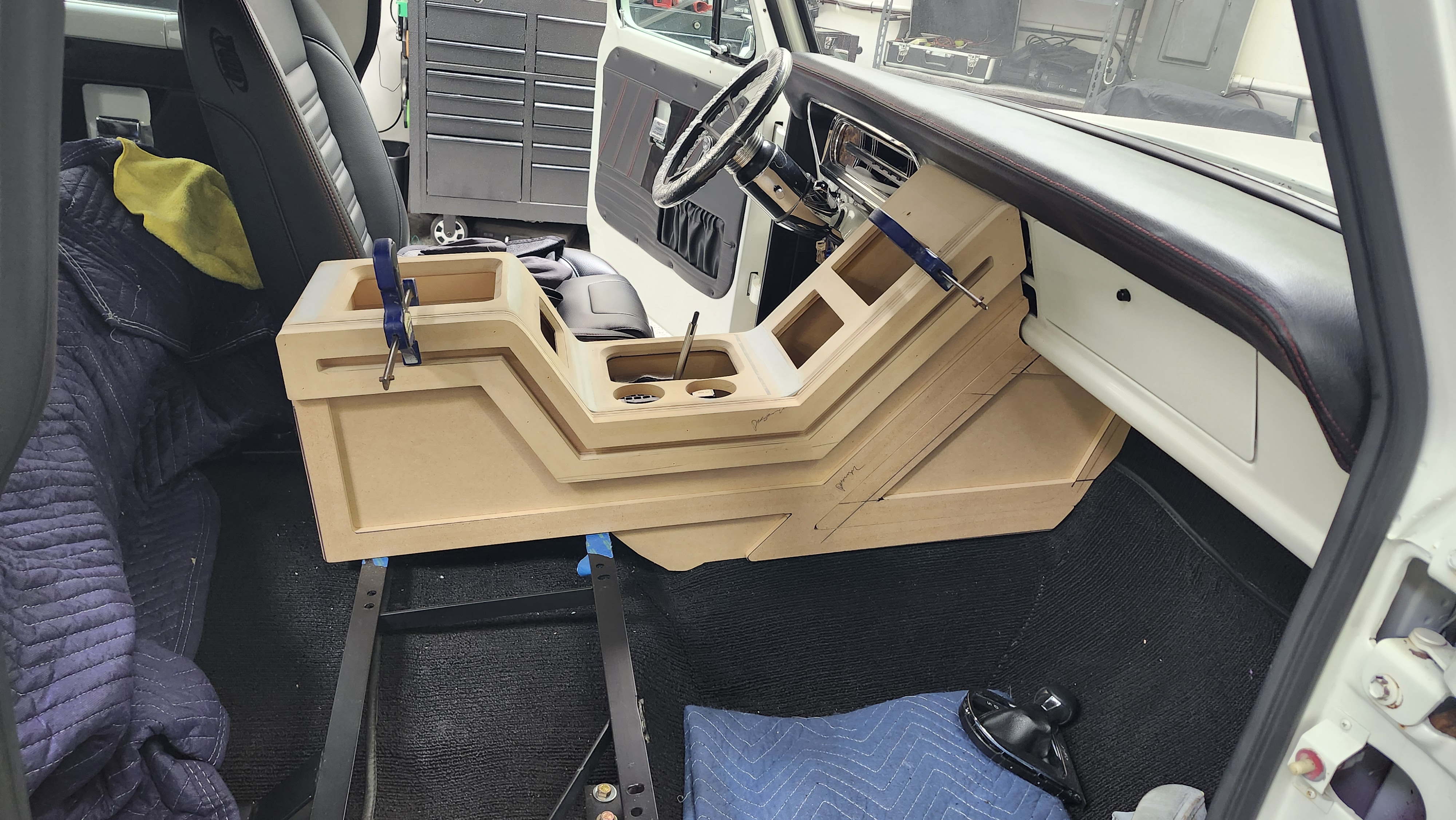 raw MDF center console fabrication in progress, Escondido car audio