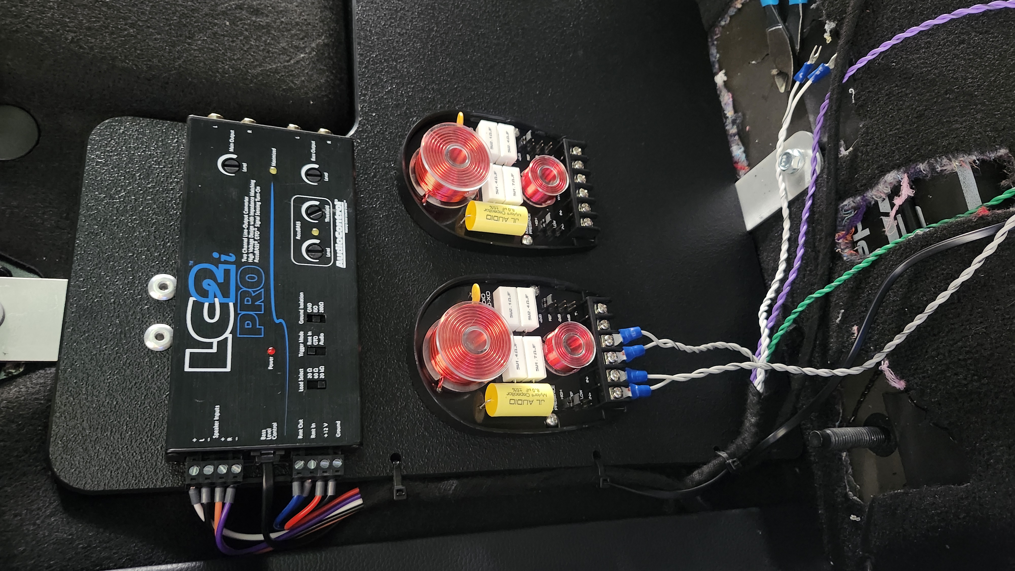 Factory integration processor and crossover wiring for a custom car audio system, Escondido