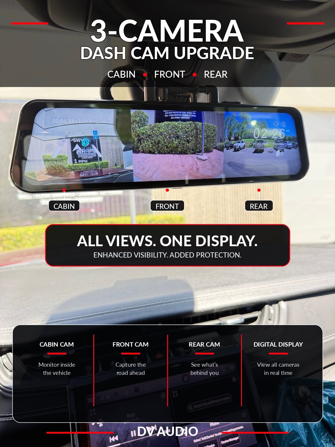 3-camera mirror dash cam showing cabin, front, and rear views on one display, Escondido dash cam installation